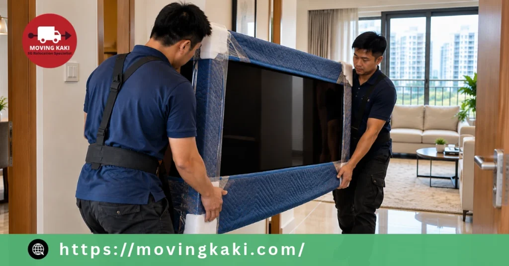 Two professional movers carrying a protected flat-screen TV through an apartment hallway in Singapore