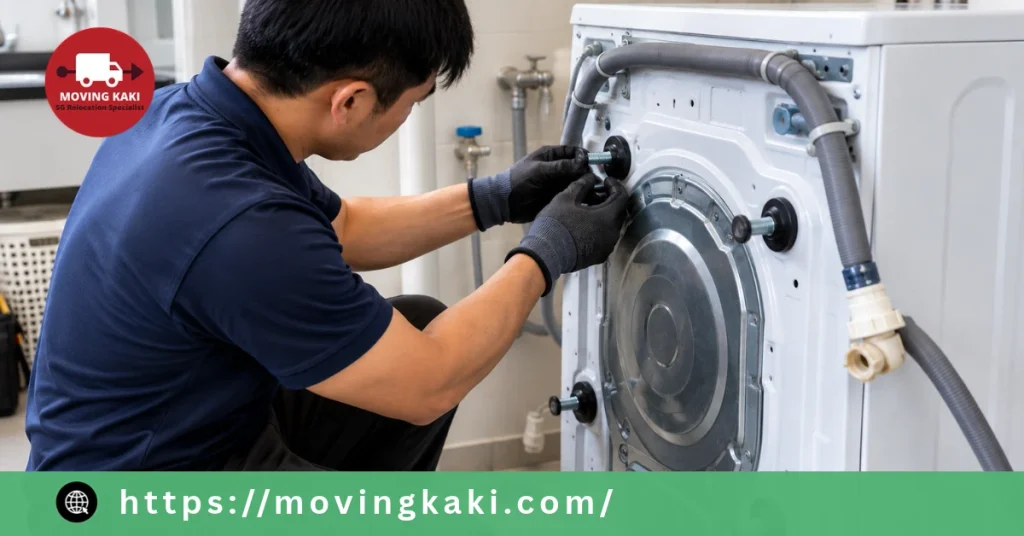 Professional mover installing transit bolts on a front-load washing machine before moving in Singapore